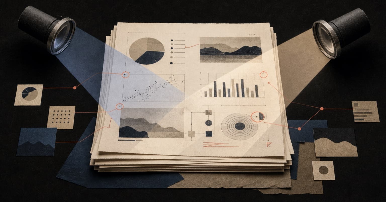 Academic manuscript examined from two opposing perspectives, with charts and weaknesses marked