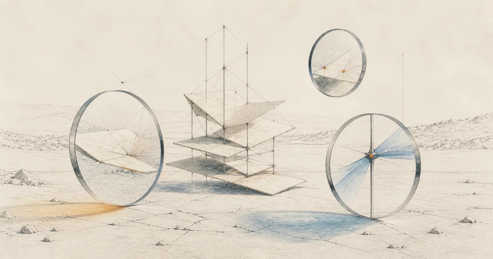 Translucent lenses inspecting a layered paper structure from different angles and revealing weak and strong supports