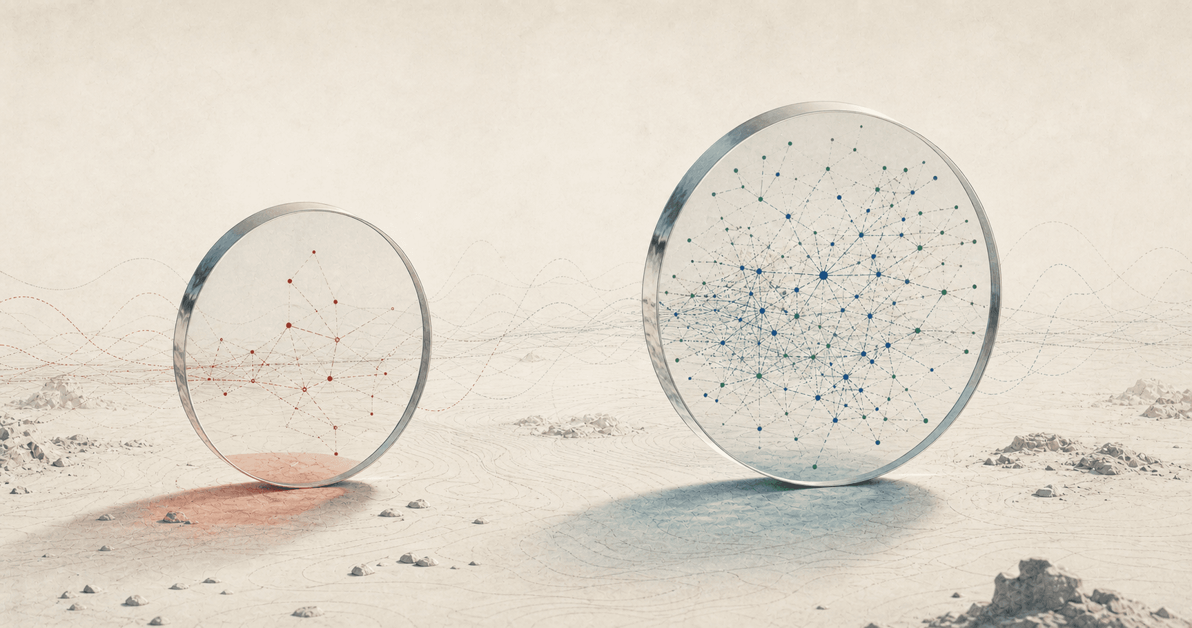 A smaller red optical lens with a sparse reasoning network beside a larger blue and green lens with a denser network