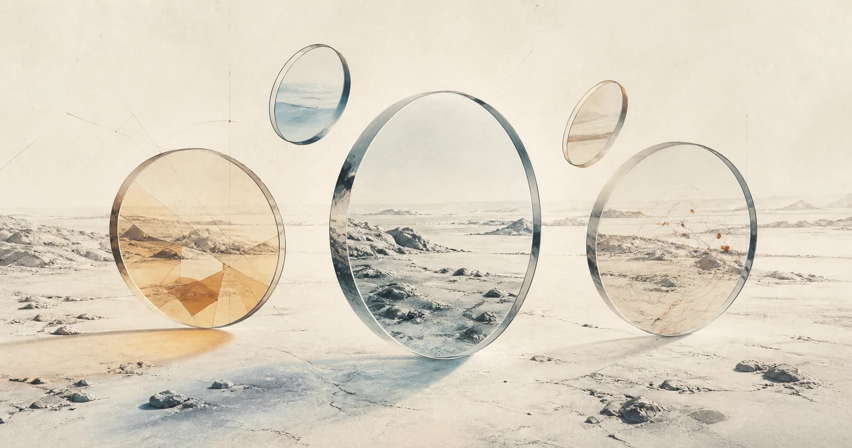Transparent optical lenses revealing different aspects of the same open, pathless landscape