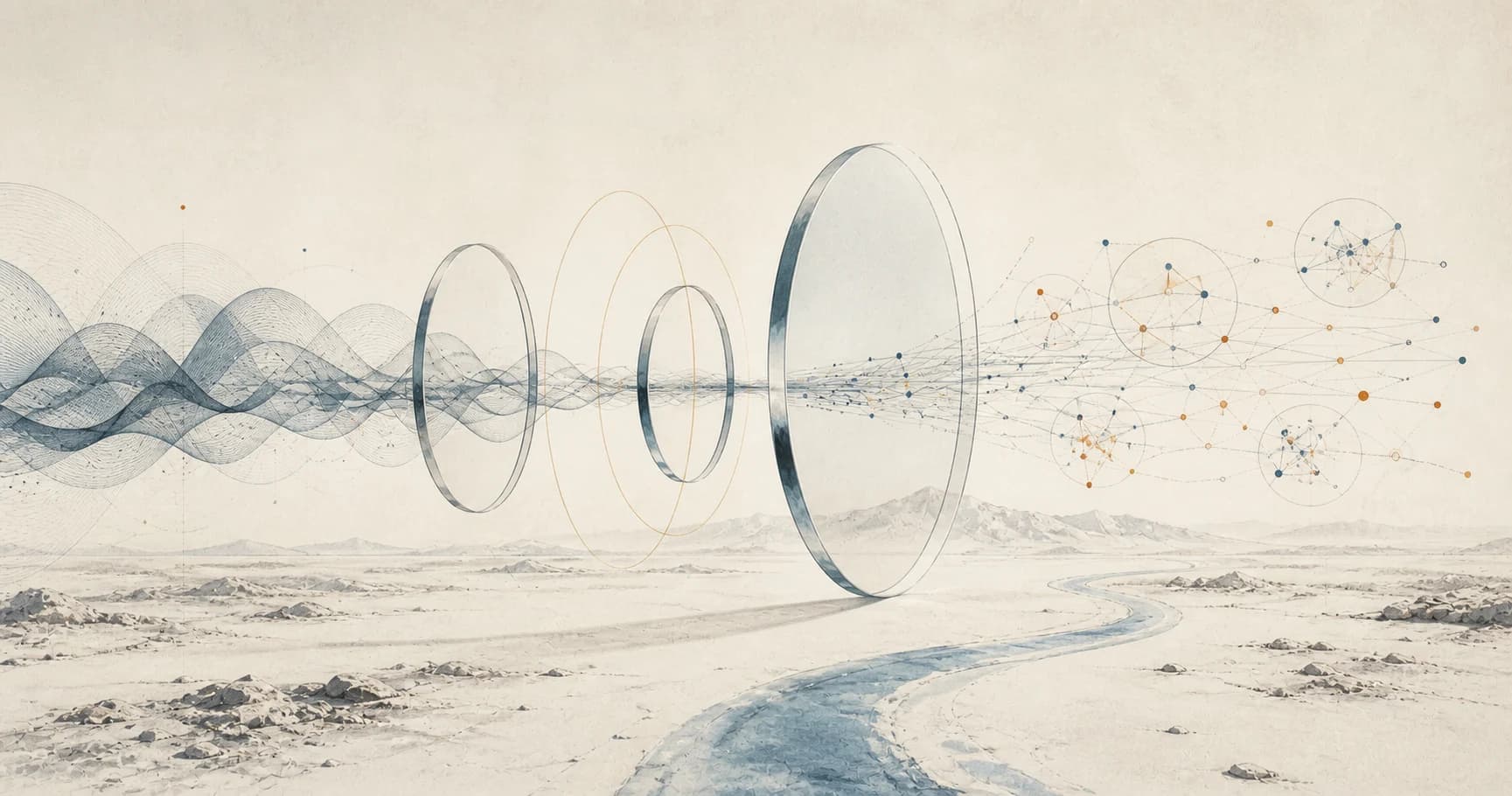 Abstract sound waves passing through optical lenses and resolving into connected context nodes