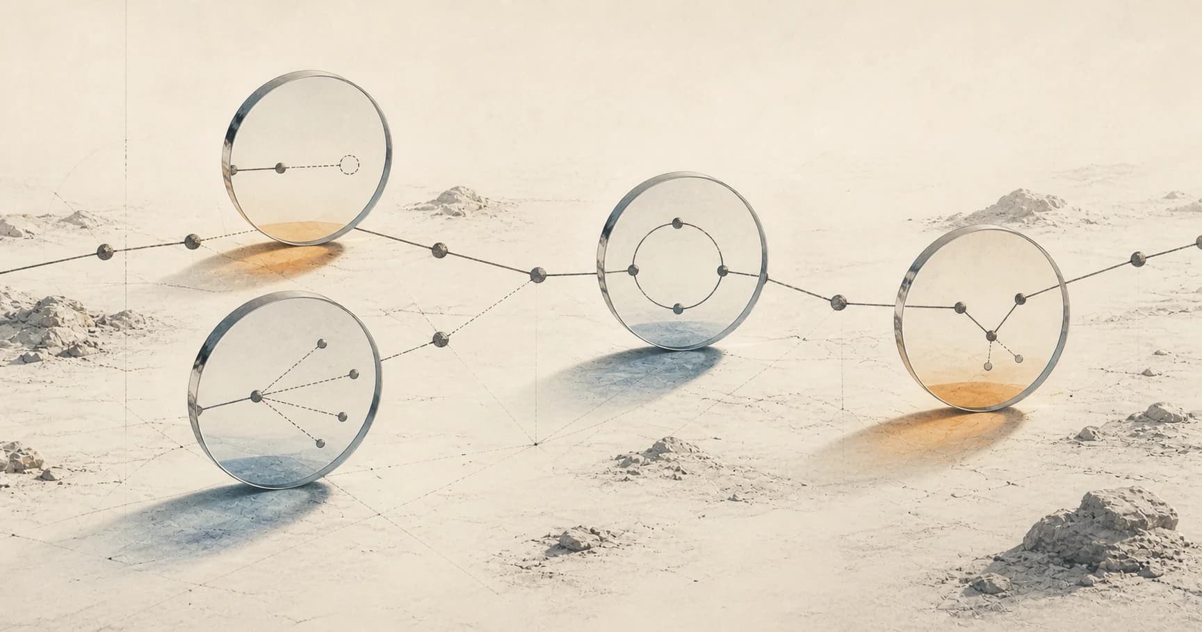 Translucent lenses revealing an unsupported jump, a forced fork, a circular loop, and a side track in a chain of reasoning