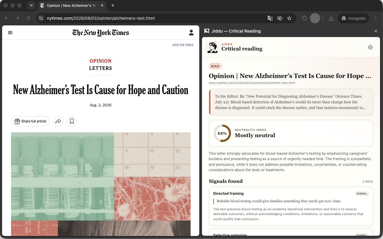 Jiddu side panel showing a bias analysis beside an article